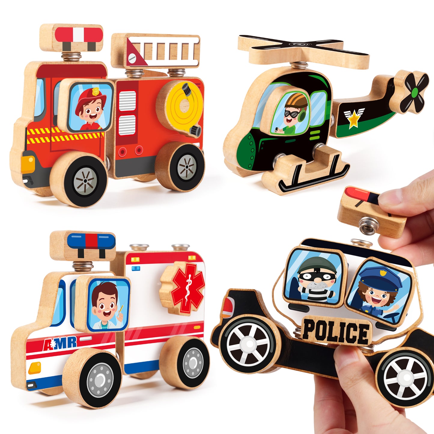 Emergency Vehicles 3D Puzzle Toy, Snap Building Blocks for Kids 3-8, Wooden Rescue Squad Fire Truck Ambulance Police Car Helicopter Montessori Gifts for Preschool Children