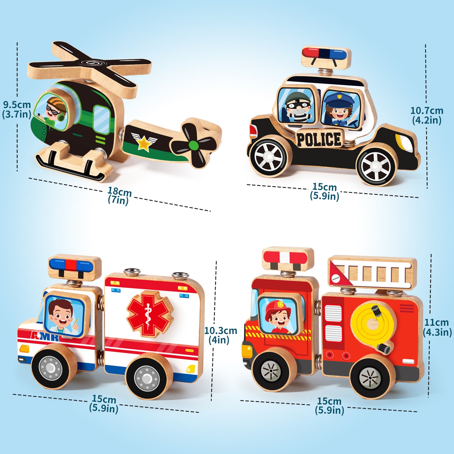 Emergency Vehicles 3D Puzzle Toy, Snap Building Blocks for Kids 3-8, Wooden Rescue Squad Fire Truck Ambulance Police Car Helicopter Montessori Gifts for Preschool Children