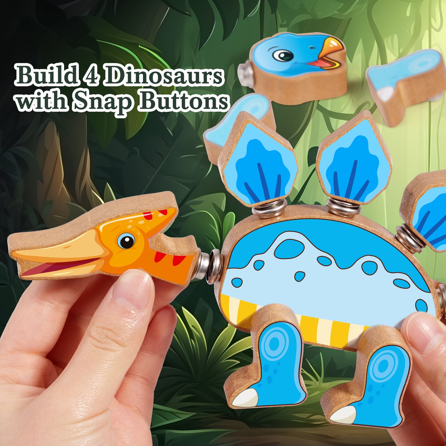 Snap Dinosaur Building Blocks, HUZU Wooden 3D Puzzle Toys for Kids 3-8, Fine Motor Skills STEM Kits Educational Learning Building Toys Gifts for Preschool Children