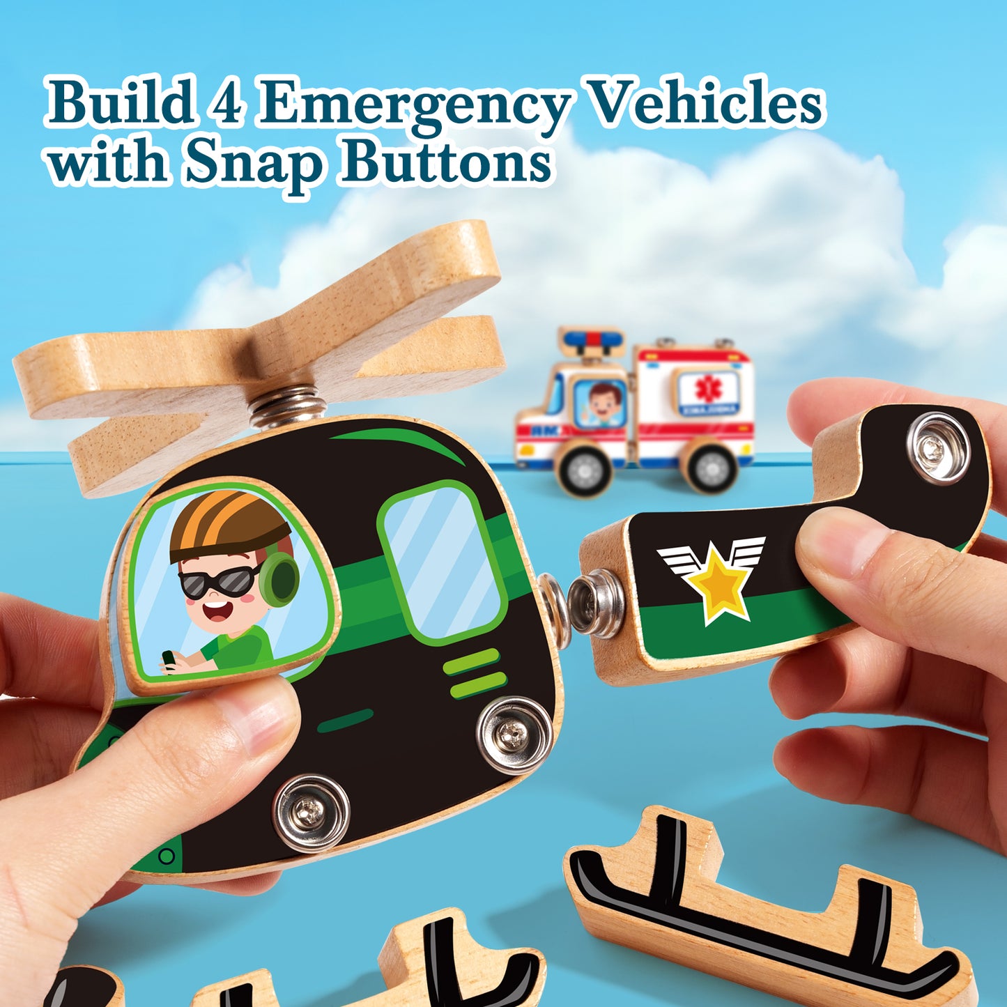 Emergency Vehicles 3D Puzzle Toy, Snap Building Blocks for Kids 3-8, Wooden Rescue Squad Fire Truck Ambulance Police Car Helicopter Montessori Gifts for Preschool Children