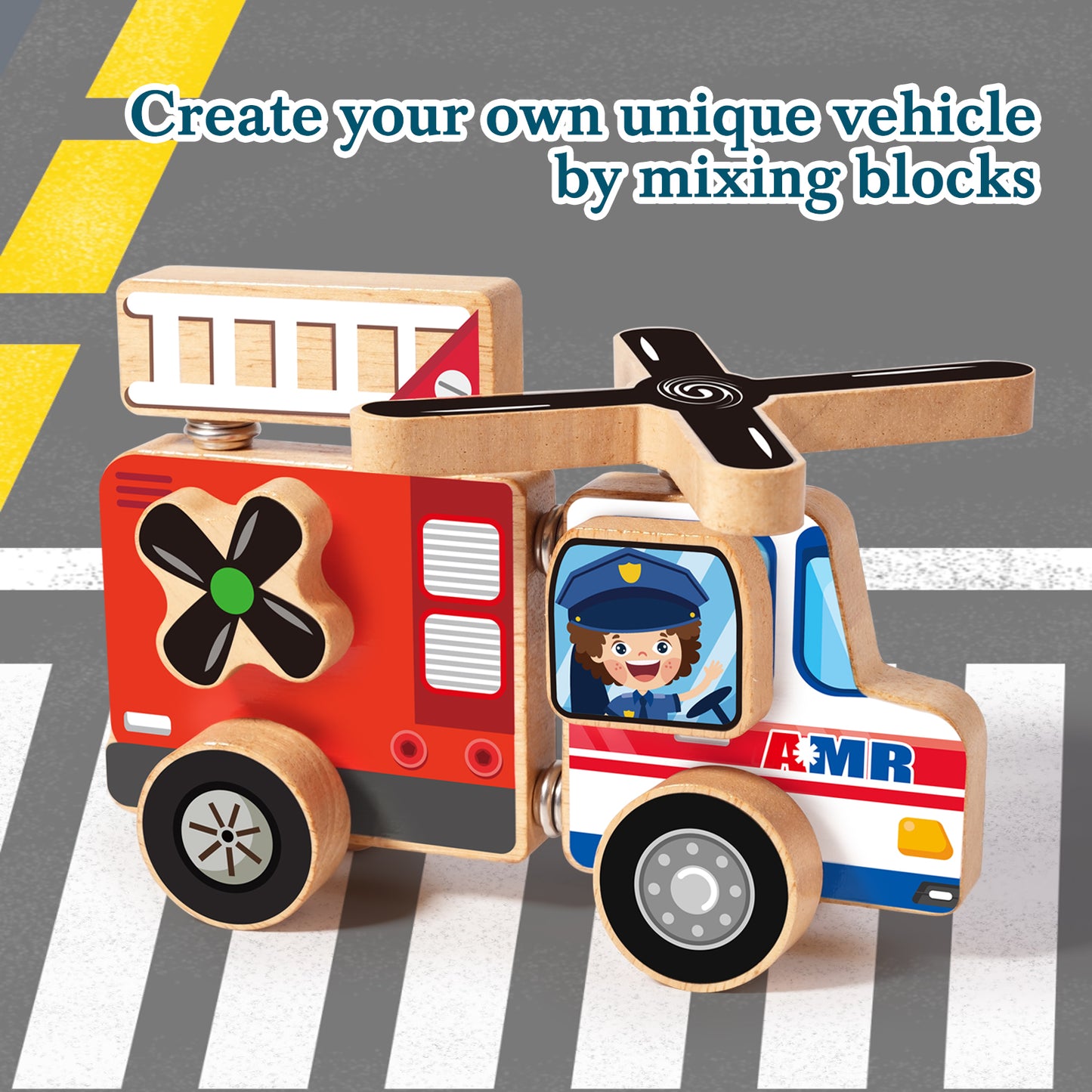 Emergency Vehicles 3D Puzzle Toy, Snap Building Blocks for Kids 3-8, Wooden Rescue Squad Fire Truck Ambulance Police Car Helicopter Montessori Gifts for Preschool Children