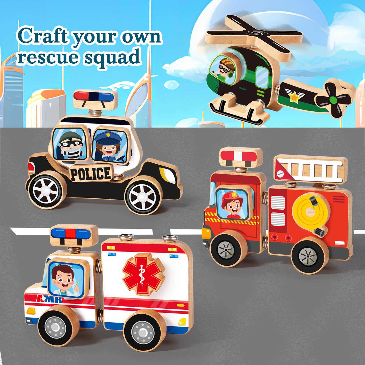 Emergency Vehicles 3D Puzzle Toy, Snap Building Blocks for Kids 3-8, Wooden Rescue Squad Fire Truck Ambulance Police Car Helicopter Montessori Gifts for Preschool Children