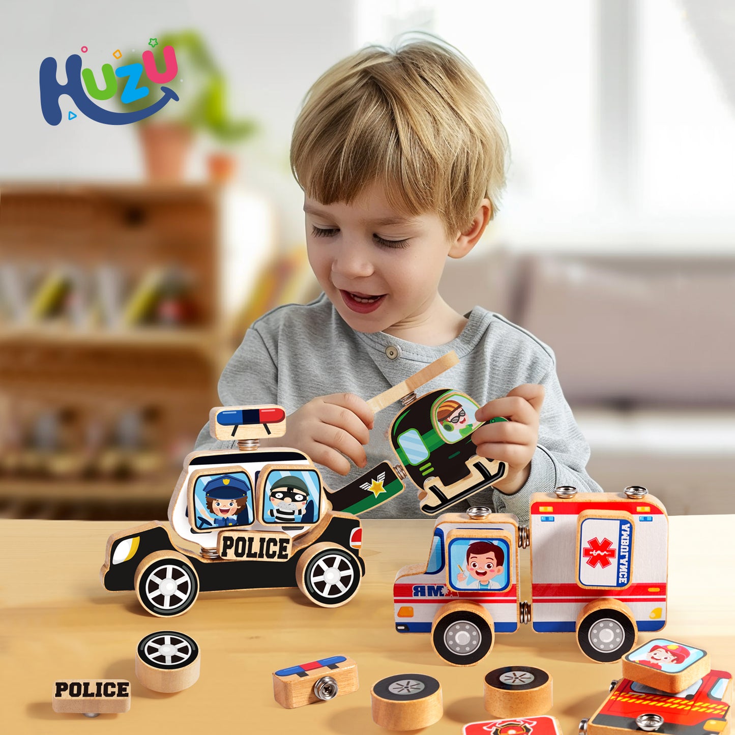 Emergency Vehicles 3D Puzzle Toy, Snap Building Blocks for Kids 3-8, Wooden Rescue Squad Fire Truck Ambulance Police Car Helicopter Montessori Gifts for Preschool Children