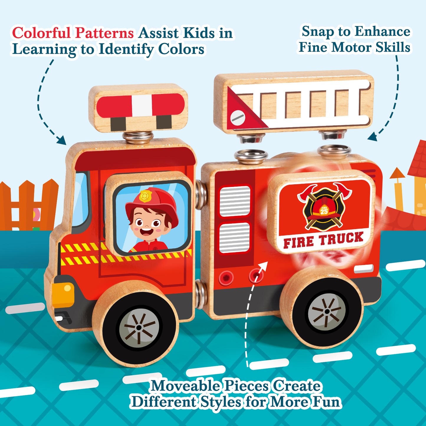 Emergency Vehicles 3D Puzzle Toy, Snap Building Blocks for Kids 3-8, Wooden Rescue Squad Fire Truck Ambulance Police Car Helicopter Montessori Gifts for Preschool Children