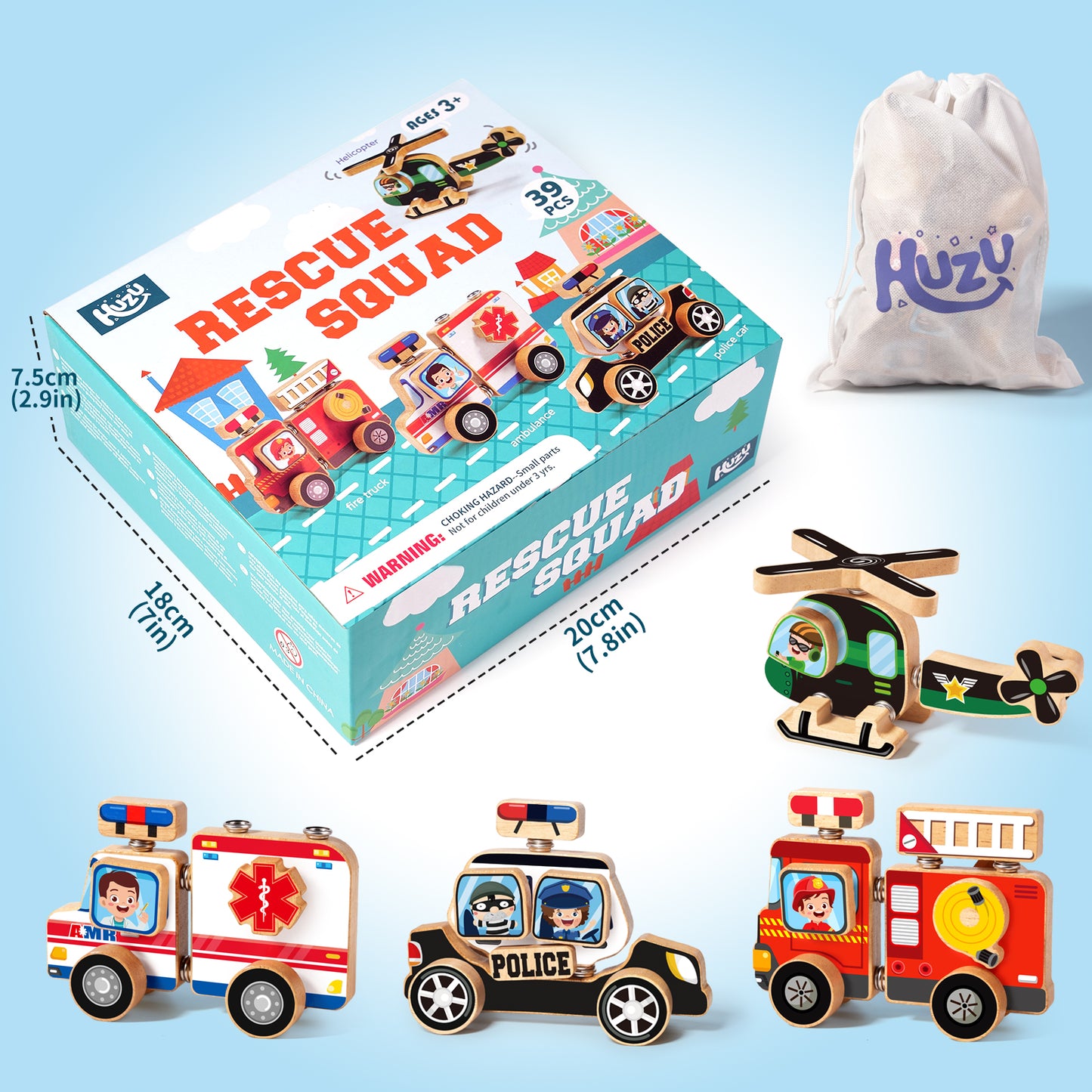 Emergency Vehicles 3D Puzzle Toy, Snap Building Blocks for Kids 3-8, Wooden Rescue Squad Fire Truck Ambulance Police Car Helicopter Montessori Gifts for Preschool Children