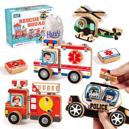 Emergency Vehicles 3D Puzzle Toy, Snap Building Blocks for Kids 3-8, Wooden Rescue Squad Fire Truck Ambulance Police Car Helicopter Montessori Gifts for Preschool Children